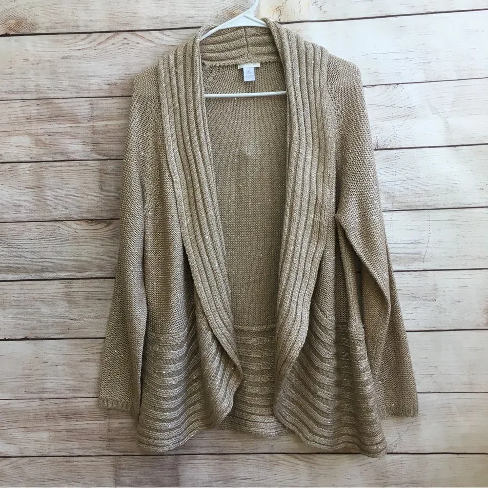 CHICOS WATERFALL CARDIGAN SWEATER IN METALLIC GOLD‎